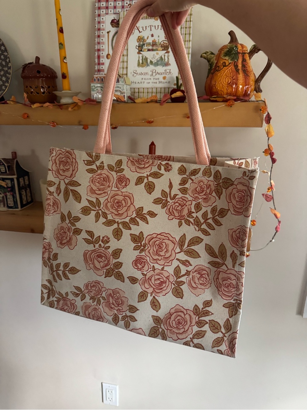 Floral Canvas Tote Bag in Pink and Tan - Women Bags